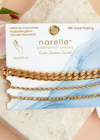 Narelle brand waterproof chain bracelet is 3 strands in 1 with dainty figaro and chunky in either gold or silver color