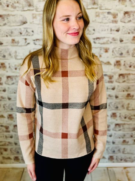 CHECKER MOCK NECK SWEATER
