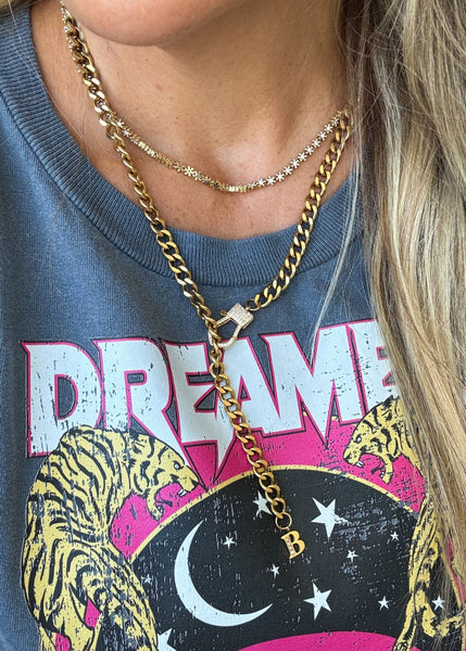 24-inch link letter chain necklace with a clap in the front.