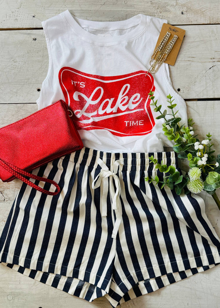 blue and white draw string twill denim shorts. the stripes are verticle