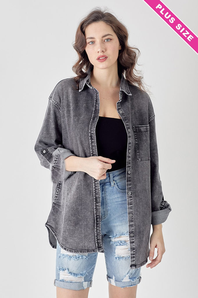 dark gray denim shirt jacket is collared and button- down with one chest pocket and sleeves can be 3/4 button rolled up or kept long.
