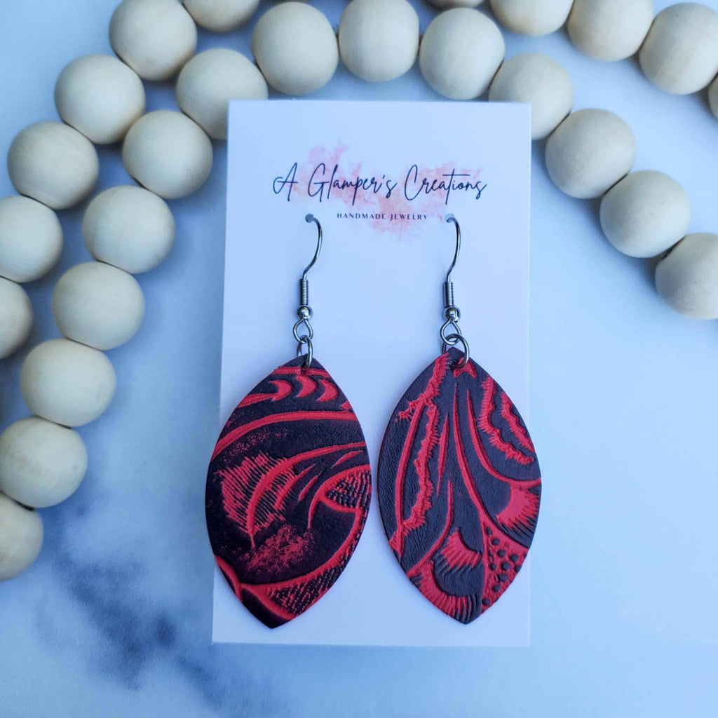 Red & Black Western Floral Embossed Petal Leather Earrings are made of high-quality genuine leather.