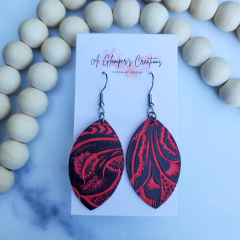 Red & Black Western Floral Embossed Petal Leather Earrings are made of high-quality genuine leather.