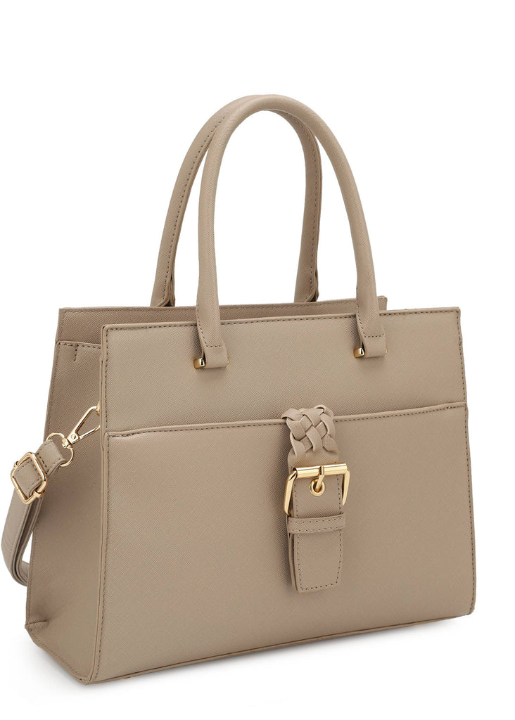 Beige satchel with gold accented buckle and both handheld and shoulder staps
