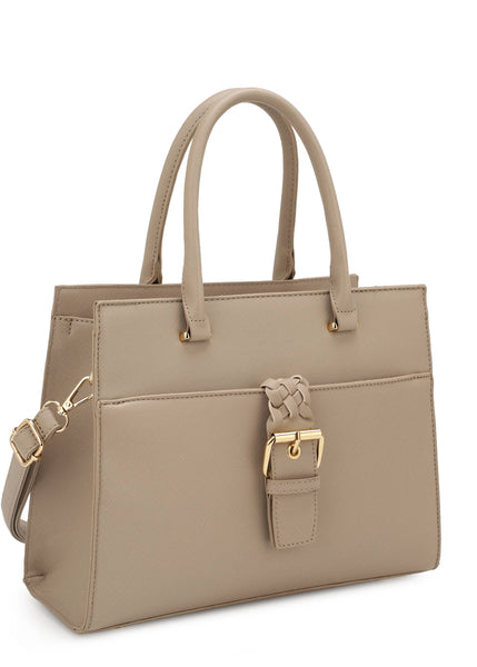 Beige satchel with gold accented buckle and both handheld and shoulder staps