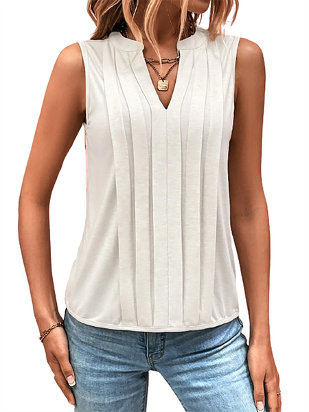 White light weight sleeveless v- neck top with pa pleated front multi seasonal, either alone or in layers.