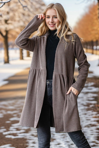 Brown "Urban" ribbed open cardigan with a slightly sinched/pleated waist and hand pockets