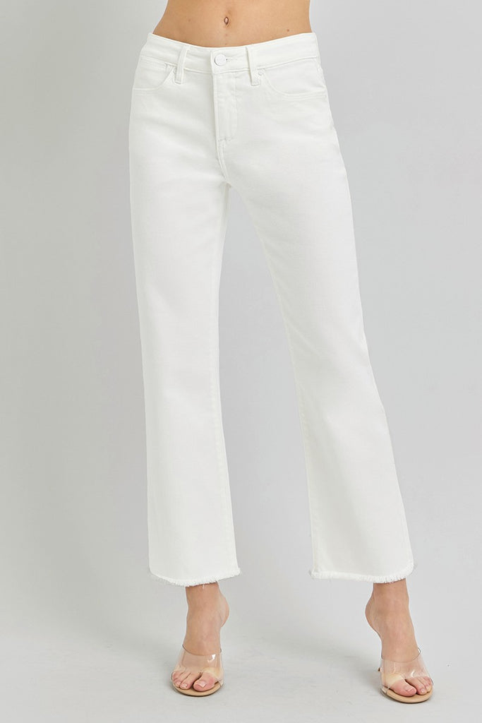 white midrise crop ankle length frayed jean