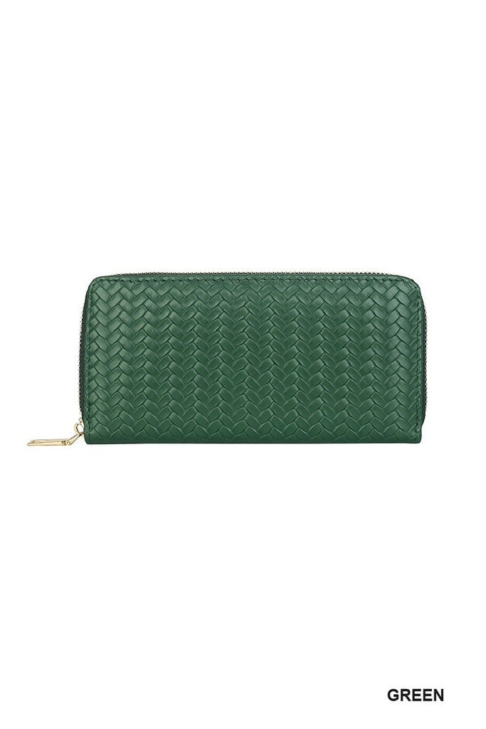 woven green wallet that's vegan with gold color zipper will hold coin, cash and cards