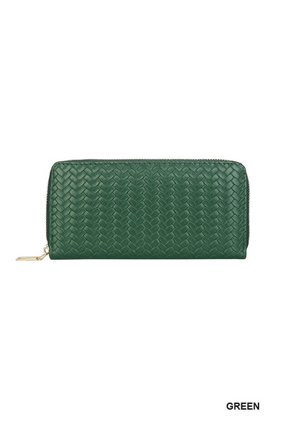 woven green wallet that's vegan with gold color zipper will hold coin, cash and cards