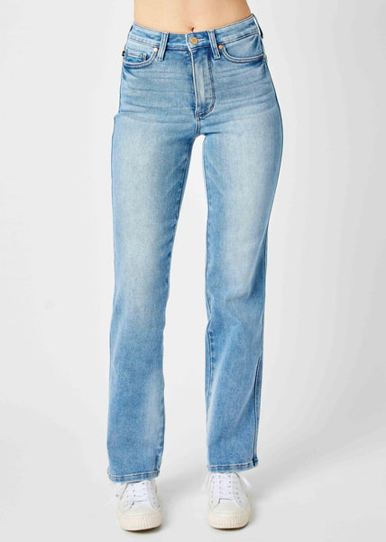 Tummy control straight leg medium wash look, full length denim classic jean