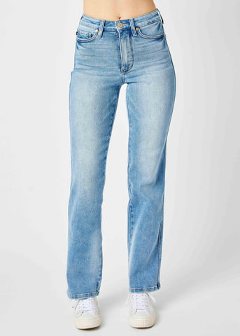 Tummy control straight leg medium wash look, full length denim classic jean