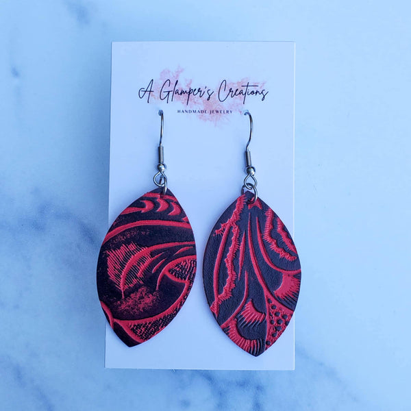 Red & Black Western Floral Embossed Petal Leather Earrings