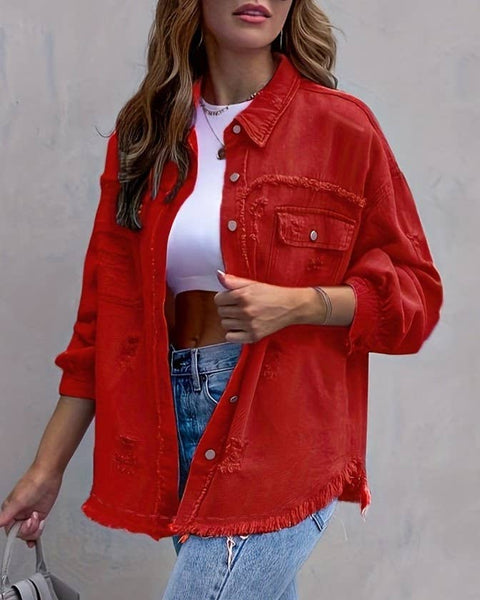 Ripped Long-Sleeved Denim Jacket