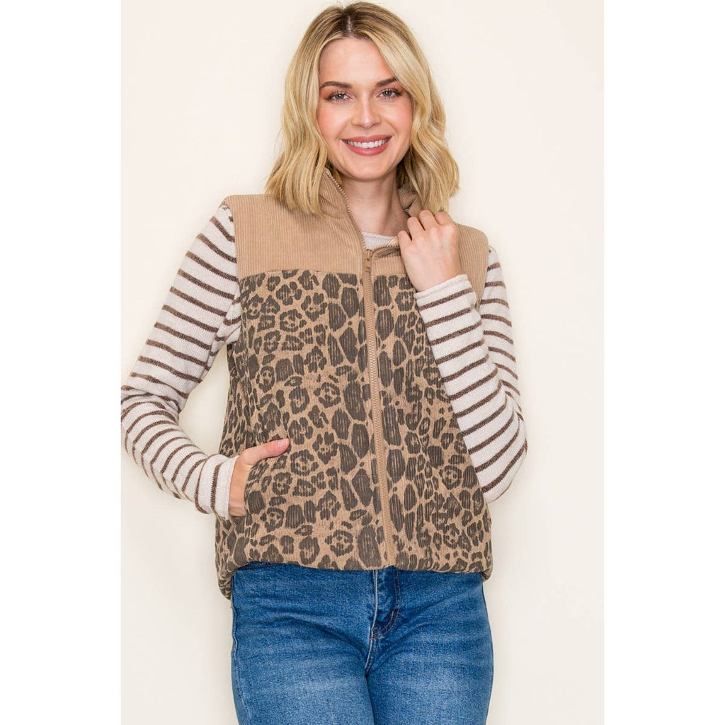 Animal print zipper front vest in light brown with dark gray/ light black animal prints