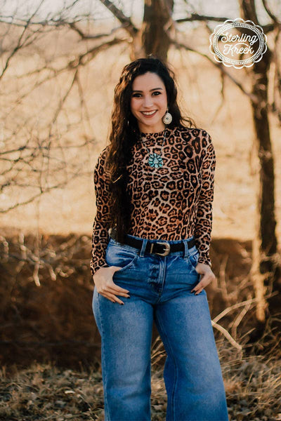 Mesh leopard print long sleeve mock turtleneck can be worn along or in layers