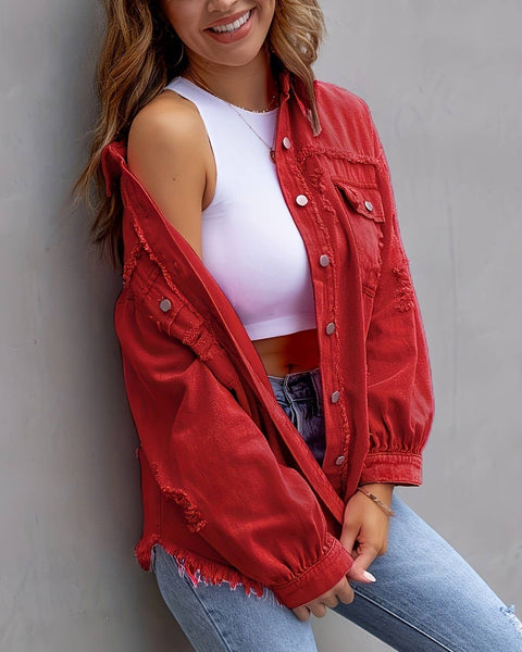 Ripped Long-Sleeved Denim Jacket