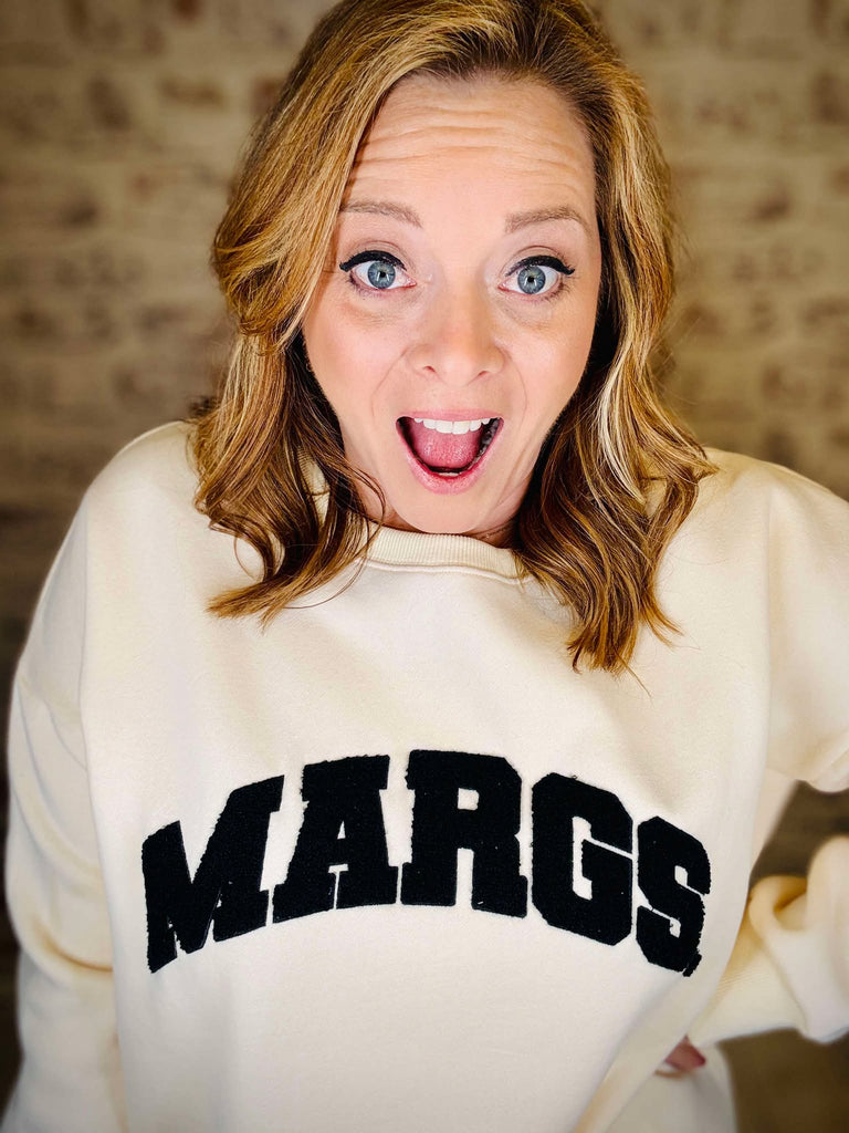 Very soft white MARGS sweatshirt with black lettering