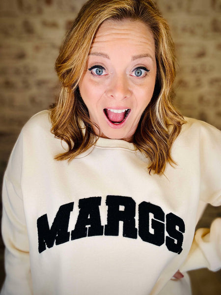 Very soft white MARGS sweatshirt with black lettering