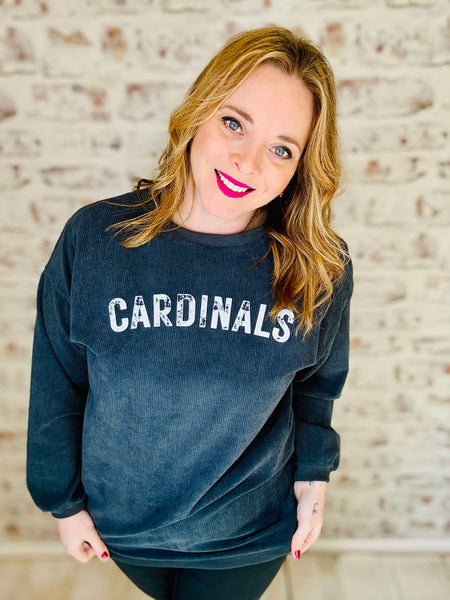 This ribbed long sleeved graphic CARDINALS shirt is charcoal gray and a comfortable fit with a round neck