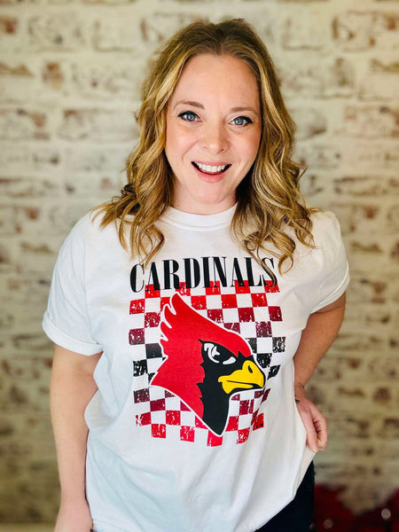 Cardinal mascot white short sleeve T shirt with the head of a cardinal and the background is checkerboard with the cardinal in all capitals