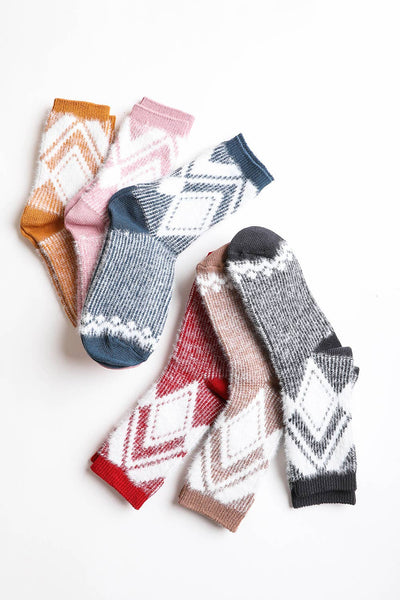 Thes faux mohair socks come in 6 colors with a diamond pattern. Mustard yellow, pink, green, red, brown and black