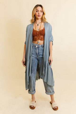 Ruffled edge sage green-gray kimono is light weight and flowy with boho flair