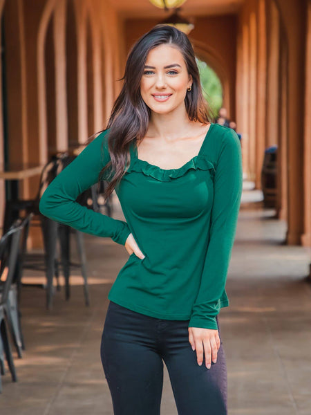 Square neck ruffle top with long sleeves. Green