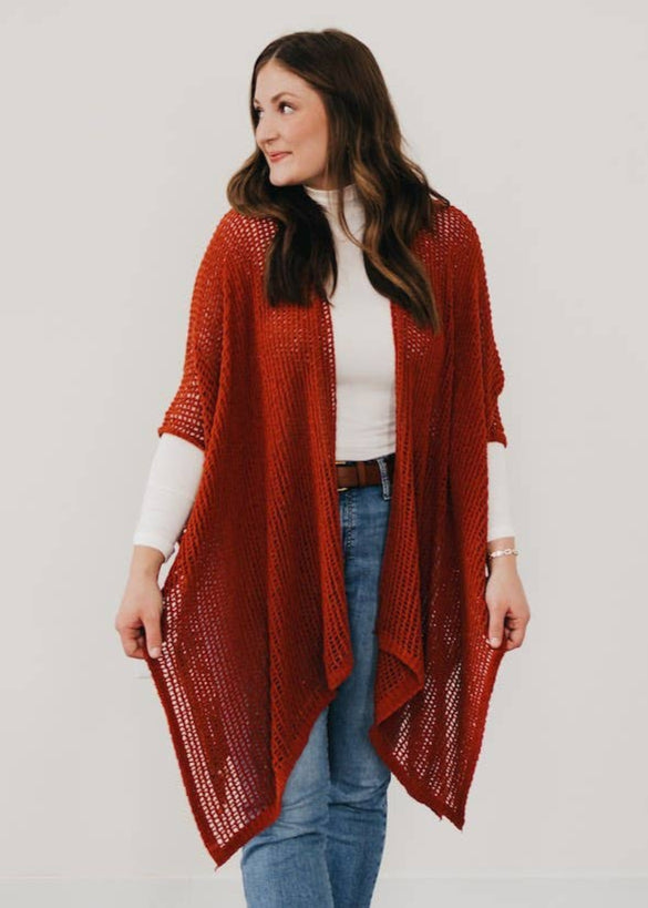 Cece rust colored crochet poncho style open weave kimono