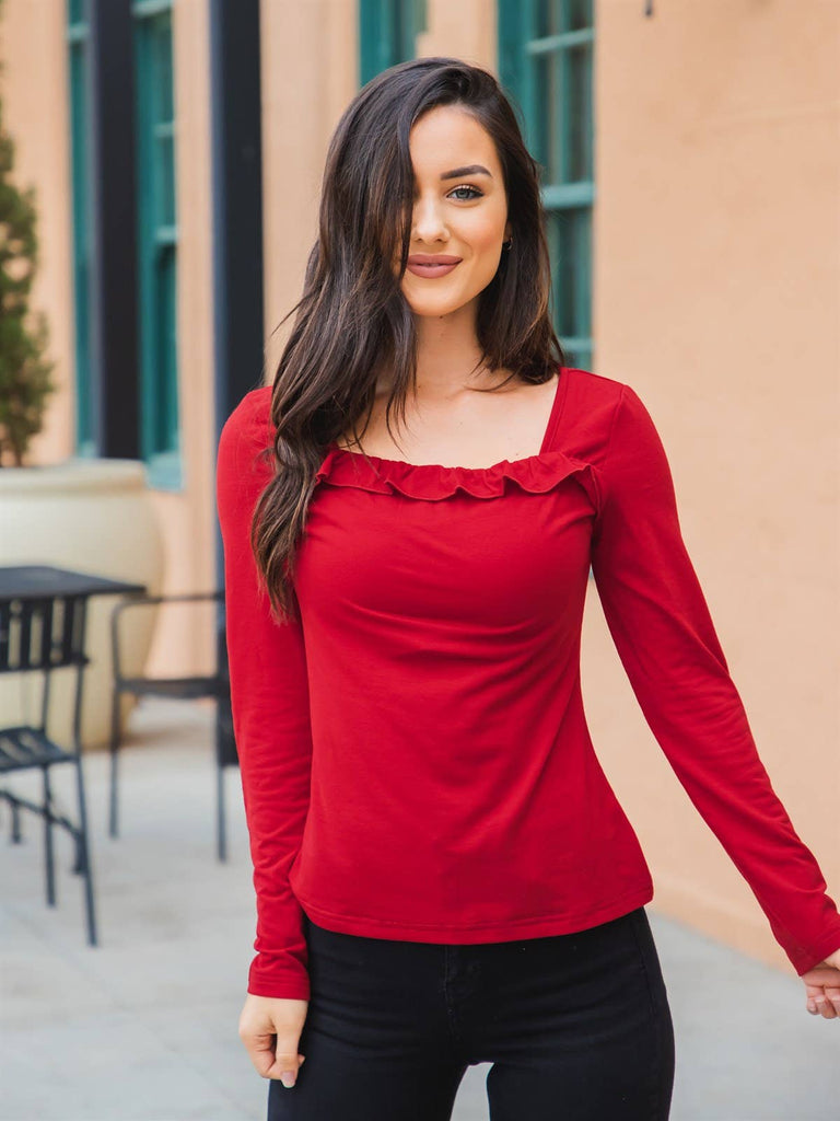 square ruffle neck long sleeve shirt.