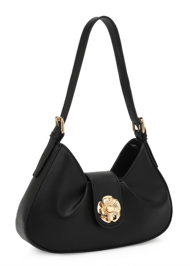scoop to half moon sleek hand bag with golden snap and buckle for the shoulder strap