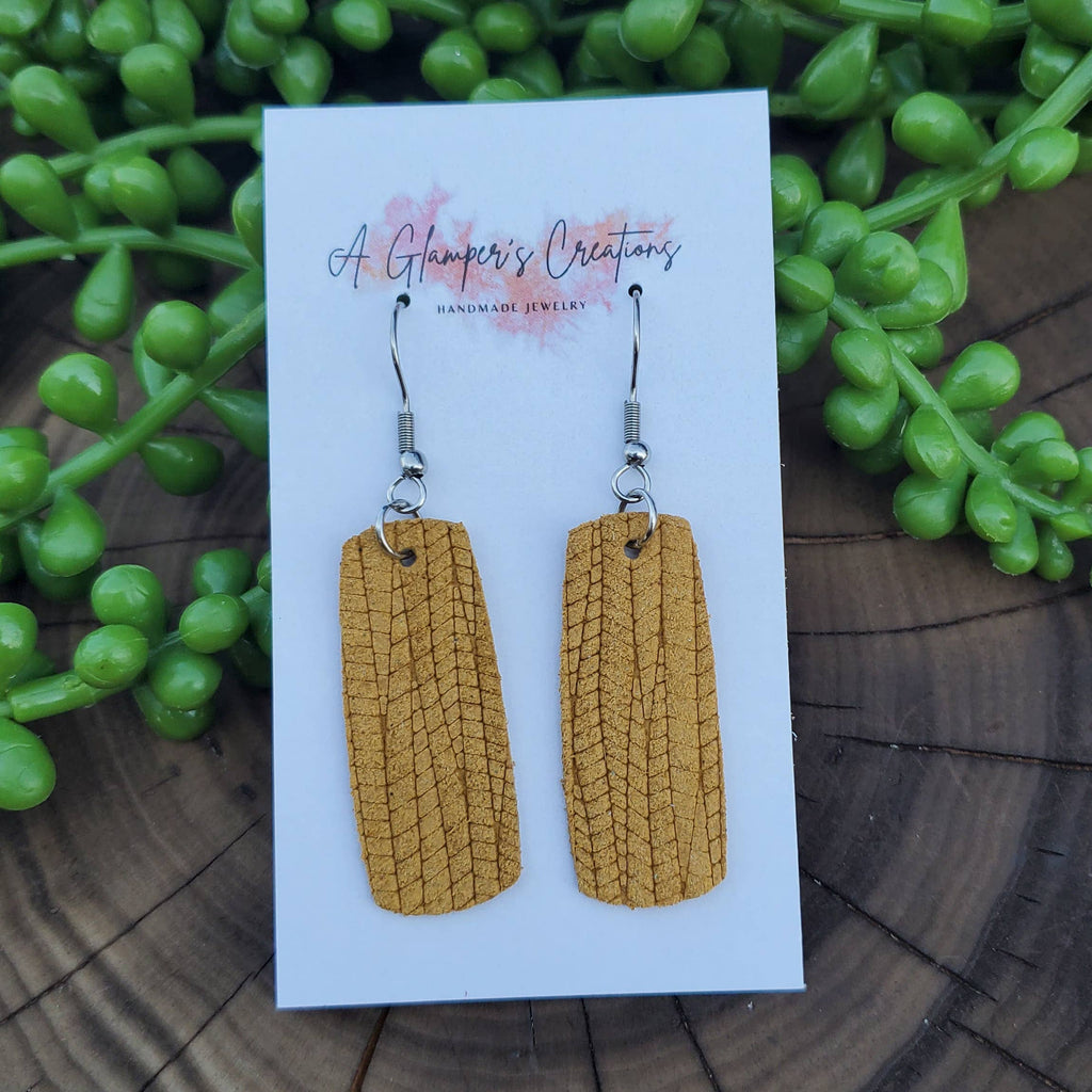 Light Mustard Palm Embossed Mini Bar Leather Earrings