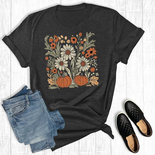 dark gray to light black graphic T- Shirt.   Fall graphics of flowers and pumpkins in pumpkin orange, white and green.