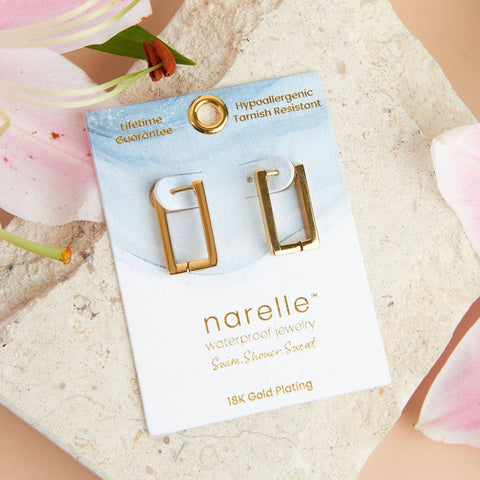 waterproof rectangle hoop style post earrings are hypoallergenic sand gold in color