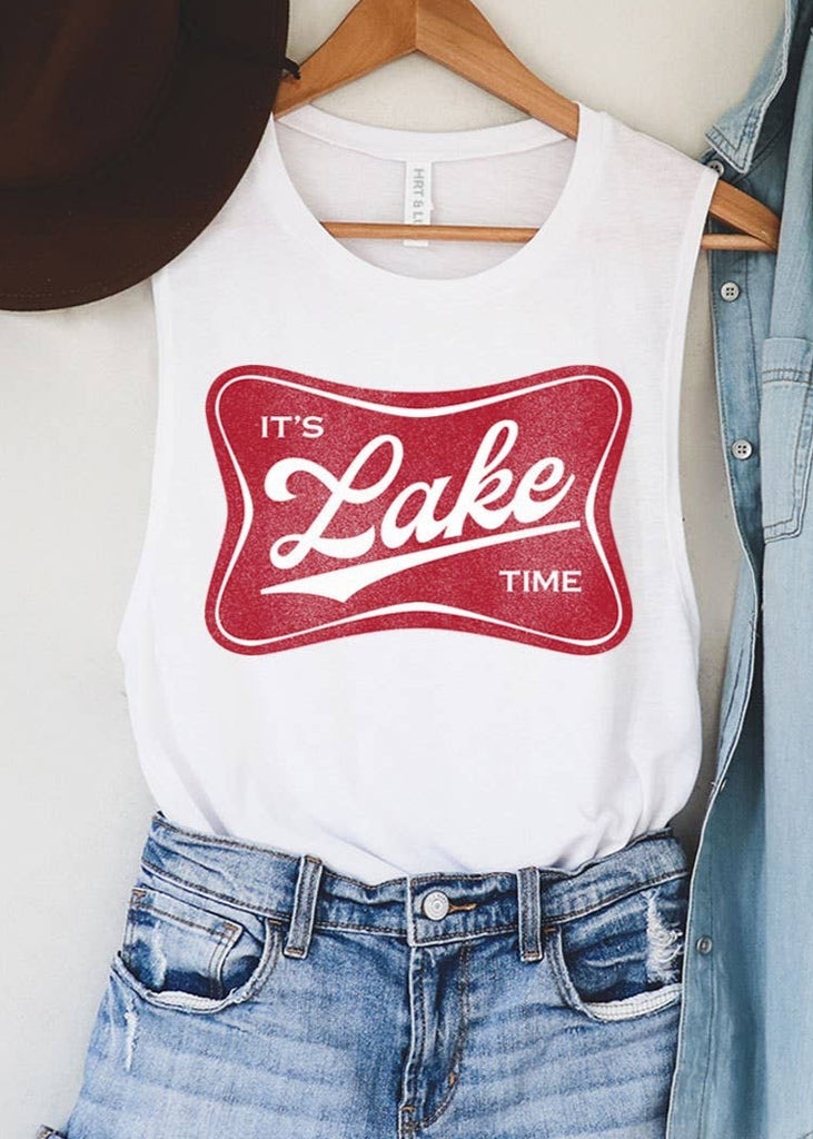 pre-shrunk 100% cotton graphic t-shirt. Its lake time logo. white sleeveless with the logo being red
