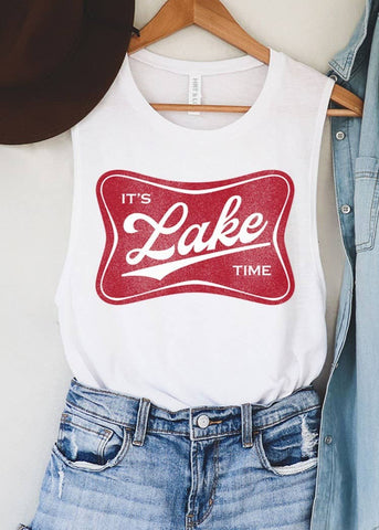 pre-shrunk 100% cotton graphic t-shirt. Its lake time logo. white sleeveless with the logo being red