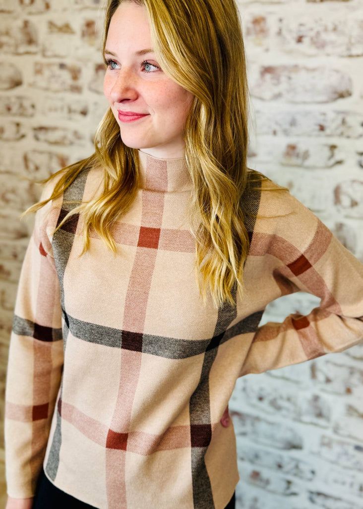 CHECKER MOCK NECK SWEATER