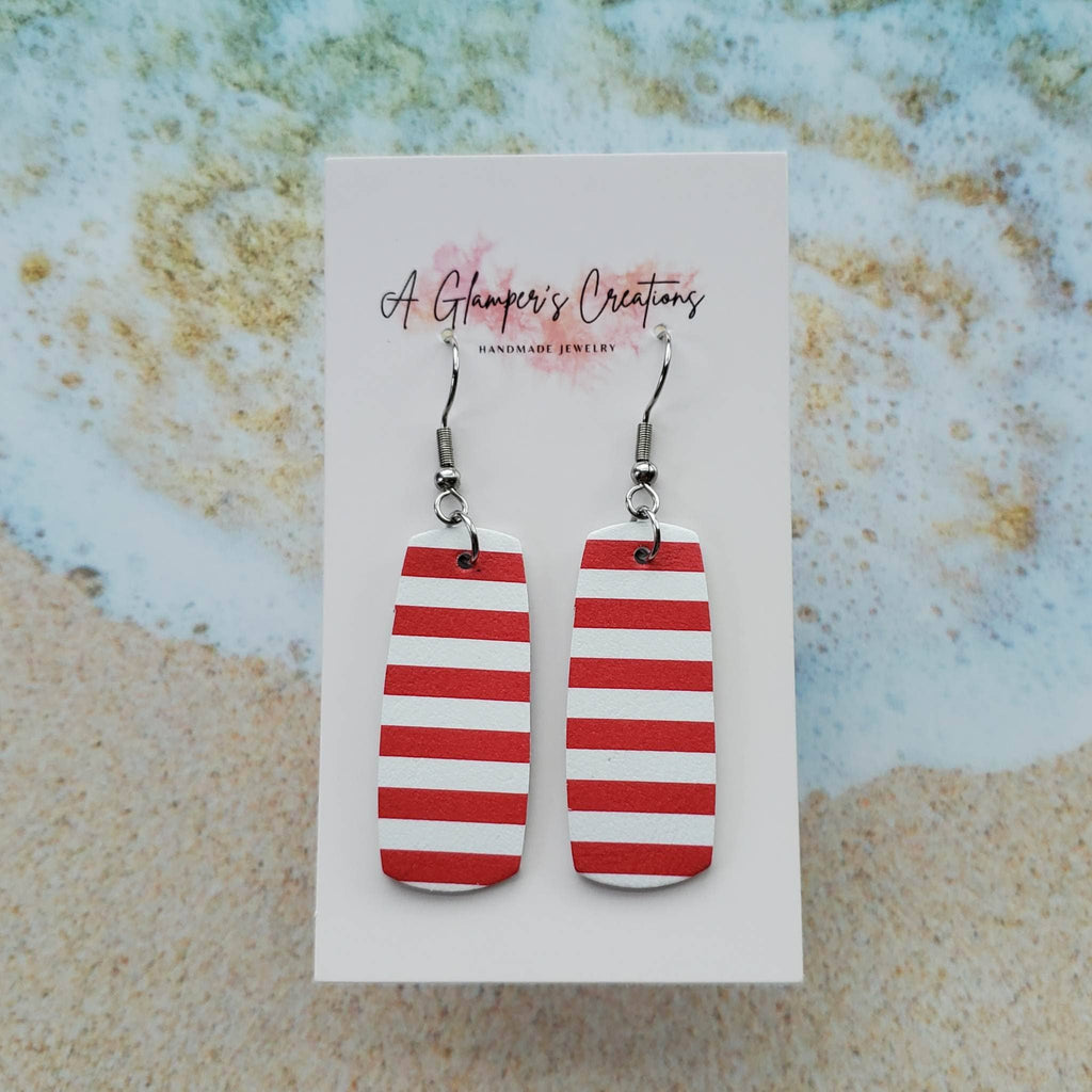 Red & White Striped Mini Bar Leather Earrings