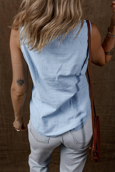 Denim Sleeveless Button Front Shirt