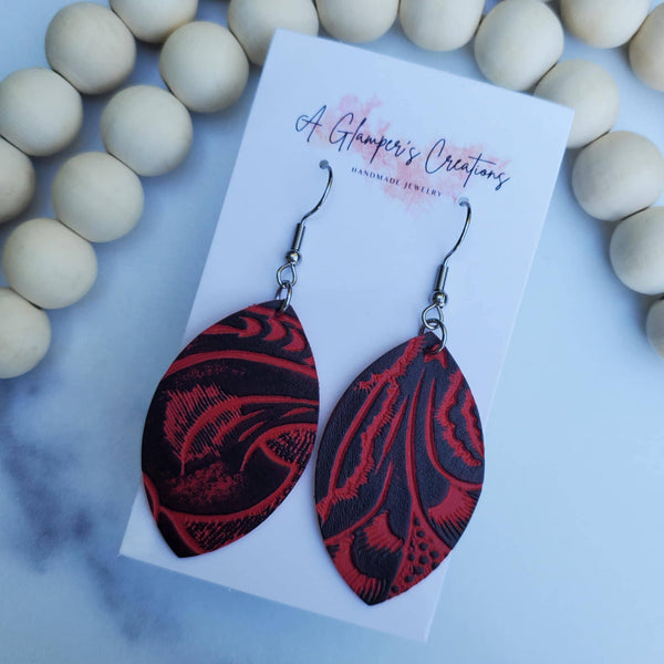 Red & Black Western Floral Embossed Petal Leather Earrings