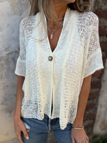 slouchy short sleeved one button light weight cardigan. The open crocheted look is soft and whimsical