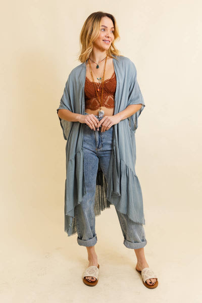 Ruffle Edge Kimono- Blue Gray
