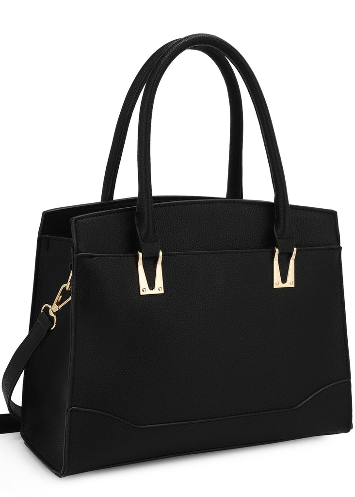 satchel style hand bag with gold adornments can be used as a shoulder bag or handheld with 2 straps