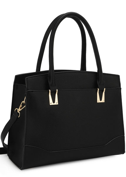 satchel style hand bag with gold adornments can be used as a shoulder bag or handheld with 2 straps