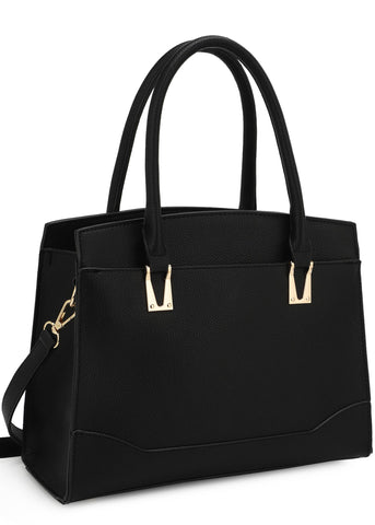 satchel style hand bag with gold adornments can be used as a shoulder bag or handheld with 2 straps