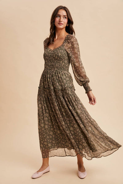 Mocha floral smocked maxi dress elastic waist and semi plunge V-neck
