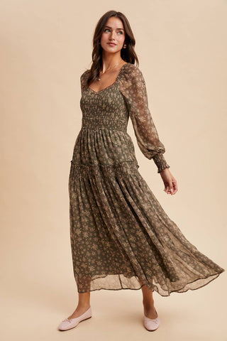 Mocha floral smocked maxi dress elastic waist and semi plunge V-neck