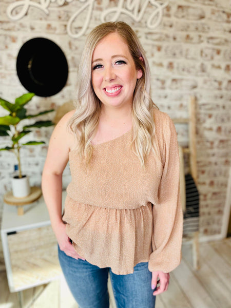 Woman wearing Light Pink One Shoulder Top