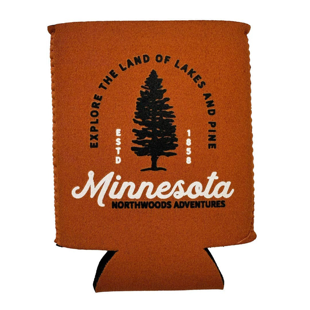Burnt Orange can cooler with Minnesota-themed design featuring a tree and text.