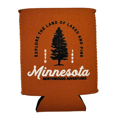 Burnt Orange can cooler with Minnesota-themed design featuring a tree and text.